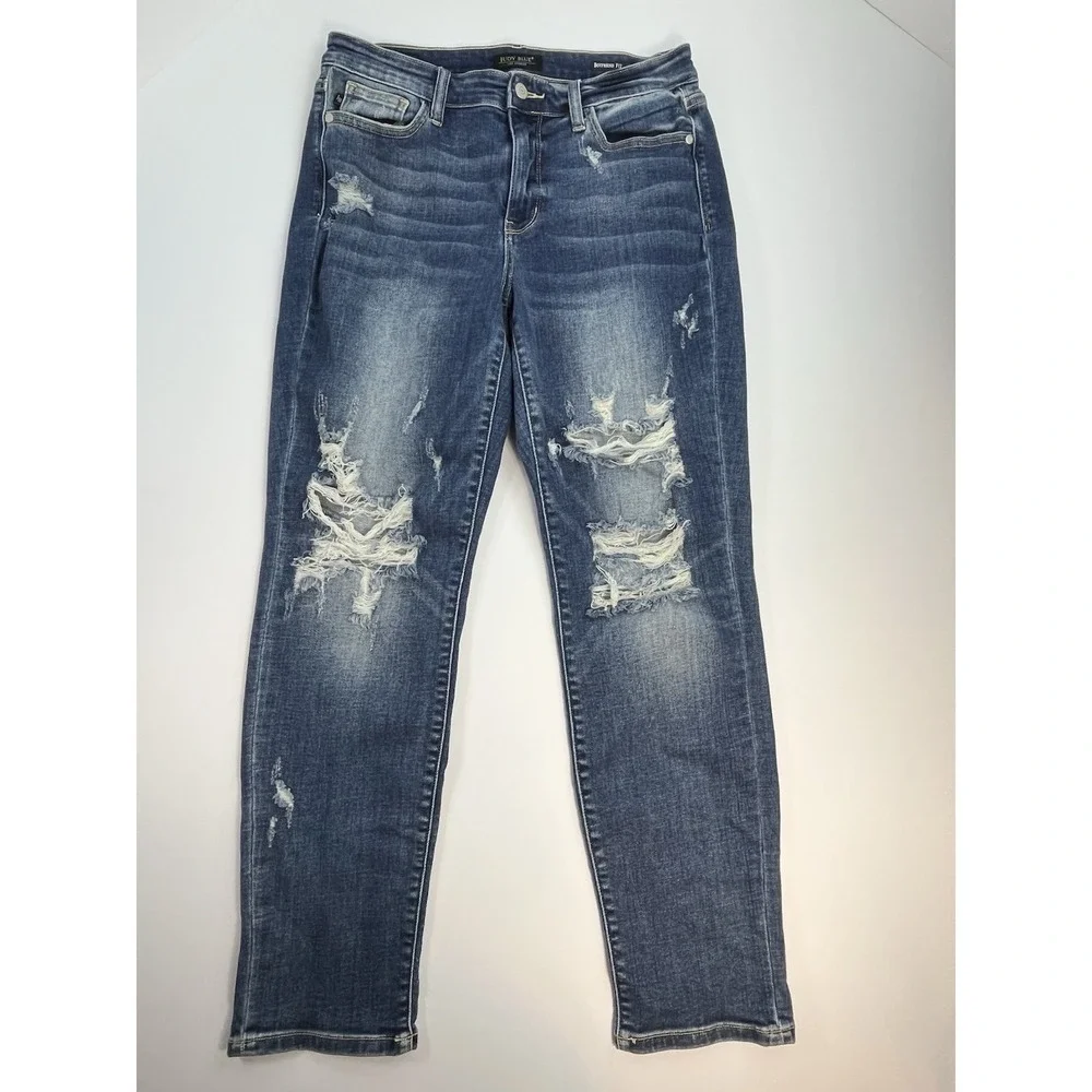 Judy Blue Jeans Womens 11/30 Blue Boyfriend Fit Distressed JB82427MD Mid Rise